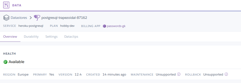 Screenshot - overview databázy v Heroku