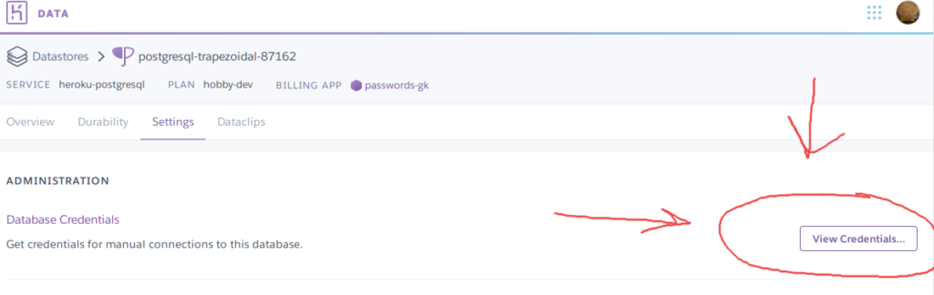 Screenshot - Nastavenia databázy v Heroku