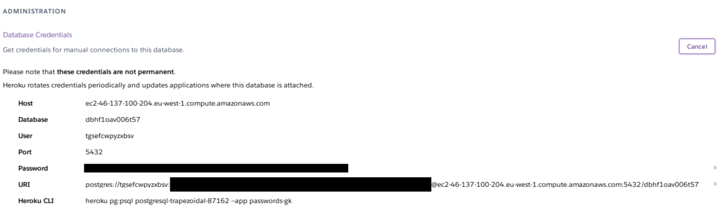 Screenshot - Database credentials v Heroku